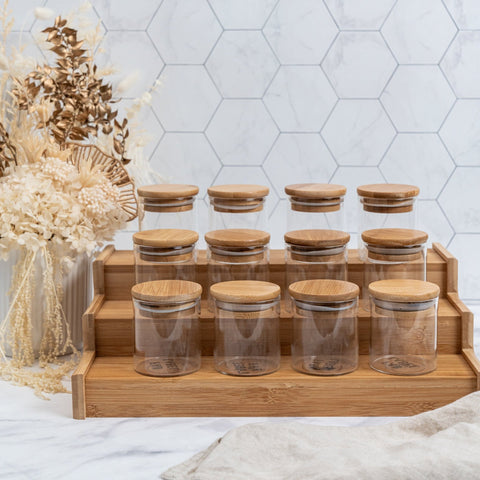 LAS PIÑAS Bamboo Lid Herbs & Spice Jars set of 12 with stand